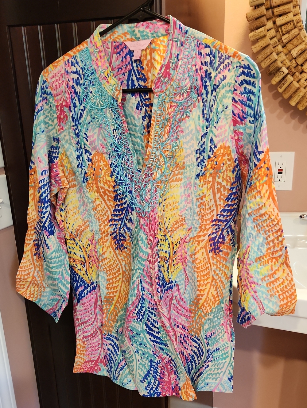 Lilly Pulitzer Multicolor Embroidered V-Neck Tunic — Turquoise, Pink, Orange